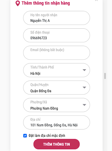 Điền đầy đủ thông tin nhận hàng và ấn vào “Thêm thông tin”