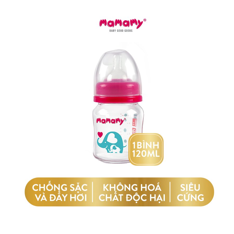 Bình sữa thủy tinh cổ rộng chống sặc, chống đầy hơi cho bé Mamamy Xanh/Hồng 120ml
