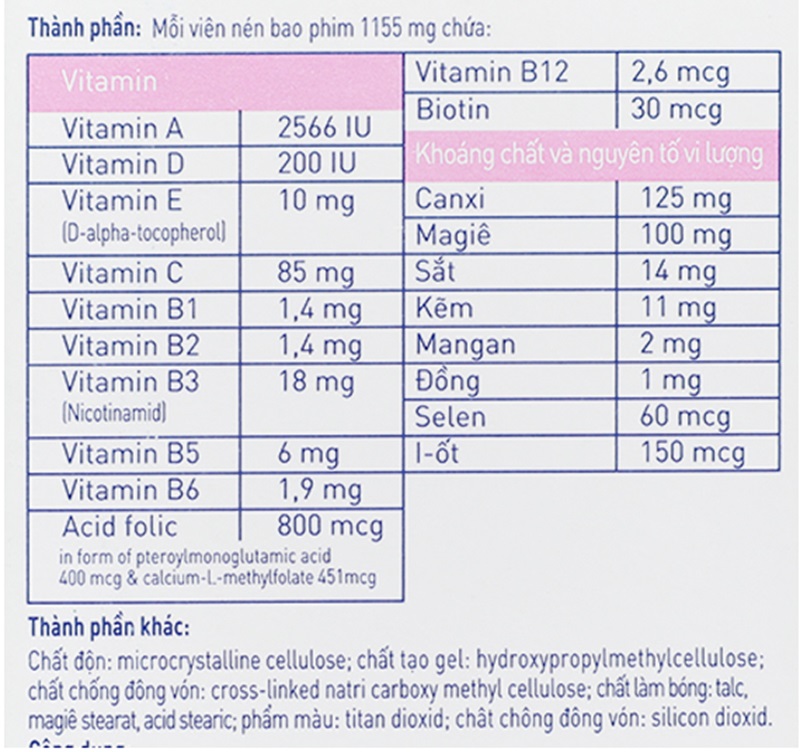 Bảng thành phần của viên vitamin tổng hợp Elevit