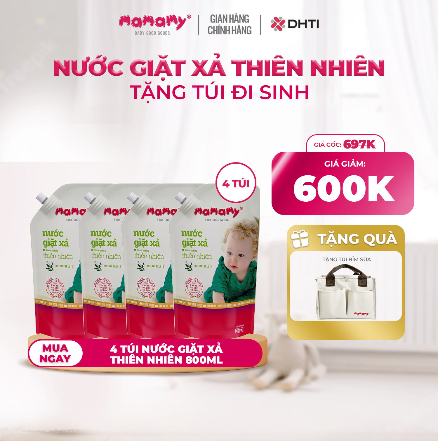 [Tặng túi đi sinh] Combo 4 Túi nước giặt xả thiên nhiên Mamamy